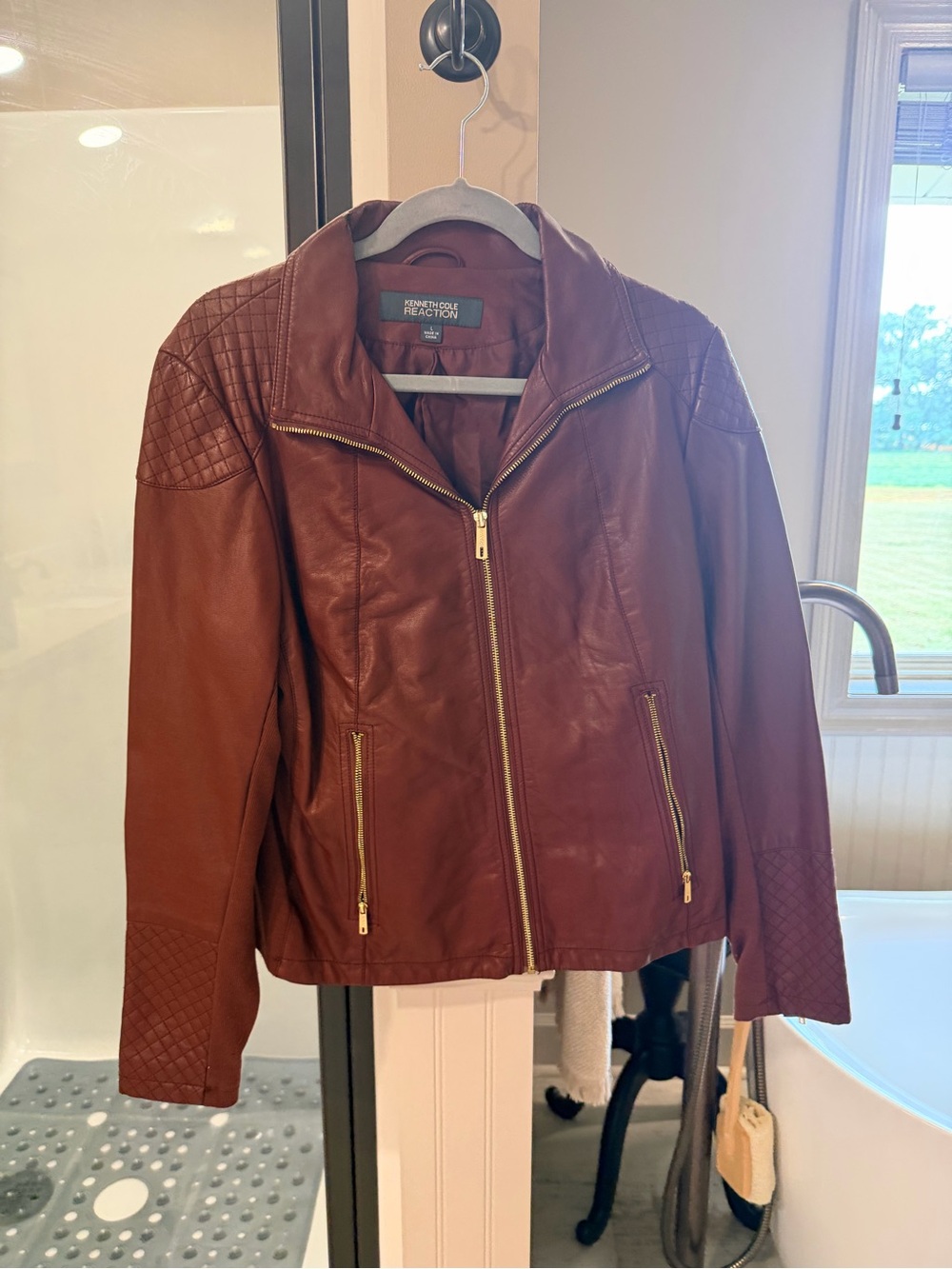 Kenneth Cole Reaction Chestnut Brown Quilted Leather Moto Jacket